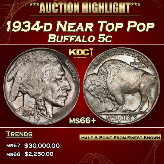 1934-d Buffalo Nickel Near Top Pop 5c ms66+ SEGS
