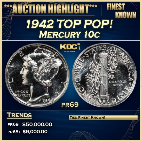 1942 Proof Mercury Dime TOP POP! 10c pr69 SEGS