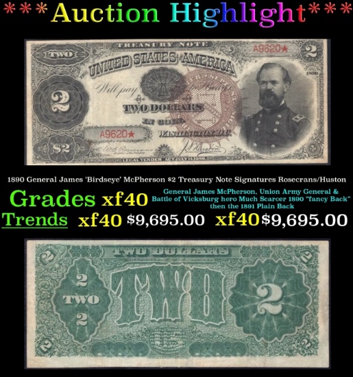1890 $2 Treasury Note General James 'Birdseye' McPherson Grades xf Signatures Rosecrans/Huston