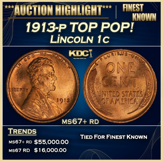 1913-p Lincoln Cent TOP POP! 1c ms67+ rd SEGS
