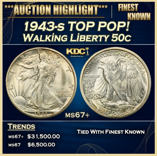 1943-s Walking Liberty Half Dollar TOP POP! 50c ms67+ SEGS