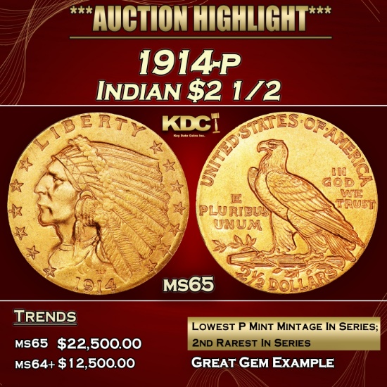 1914-p Gold Indian Quarter Eagle $2 1/2 ms65 SEGS