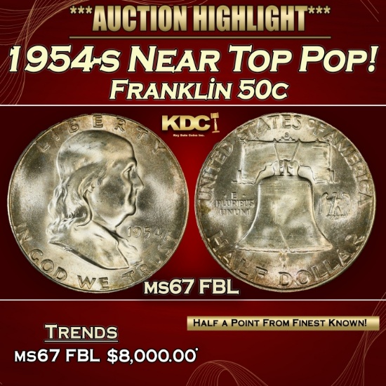 1954-s Franklin Half Dollar Near Top Pop! 50c ms67 FBL SEGS