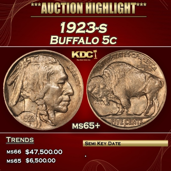 1923-s Buffalo Nickel 5c ms65+ SEGS