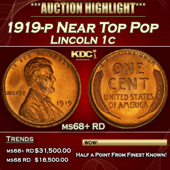 1919-p Lincoln Cent Near Top Pop 1c ms68+ RD SEGS