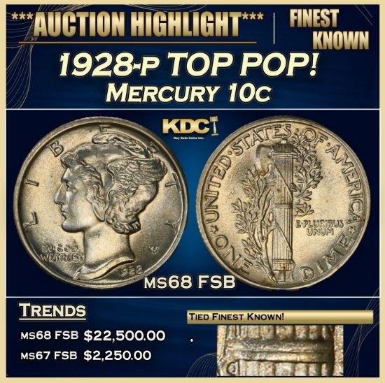1928-p Mercury Dime TOP POP! 10c ms68 FSB SEGS