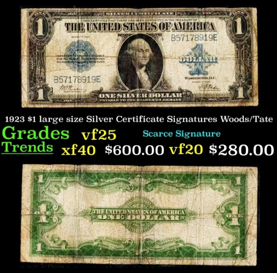 1923 $1 large size Silver Certificate Grades vf25 Signatures Woods/Tate