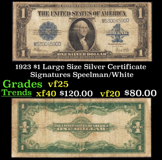 1923 $1 large size Silver Certificate Grades vf+ Signatures Speelman/White