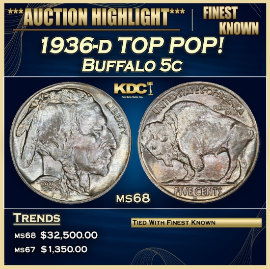 1936-d Buffalo Nickel TOP POP! 5c ms68 SEGS