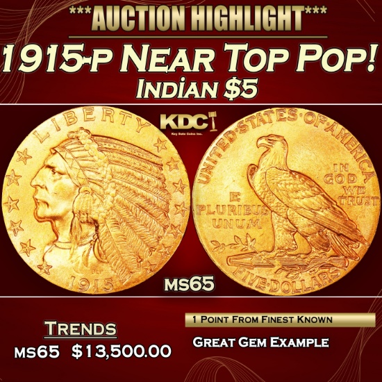 1915-p Gold Indian Half Eagle Near Top Pop! $5 ms65 USCG