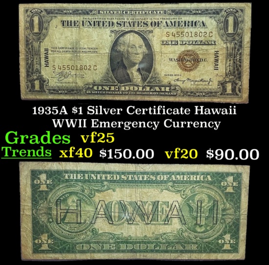 1935A $1 Silver Certificate Hawaii WWII Emergency Currency Grades vf+
