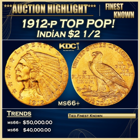 1912-p Gold Indian Quarter Eagle TOP POP! $2 1/2 ms66+ USCG