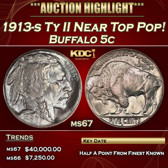 1913-s Ty II Buffalo Nickel Near Top Pop! 5c ms67 SEGS