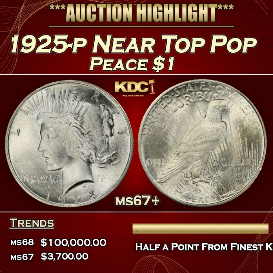 1925-p Peace Dollar Near Top Pop $1 ms67+ SEGS