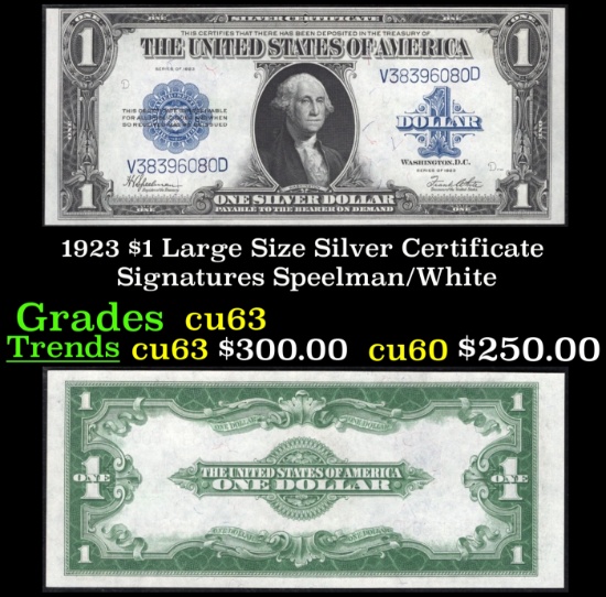 1923 $1 large size Silver Certificate Grades Select CU Signatures Speelman/White
