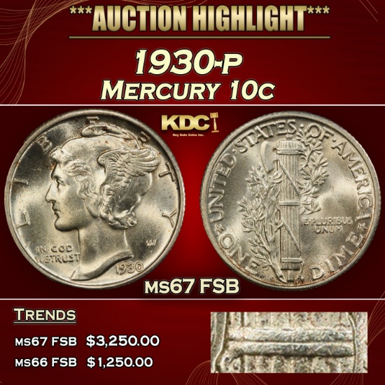 1930-p Mercury Dime 10c ms67 FSB SEGS