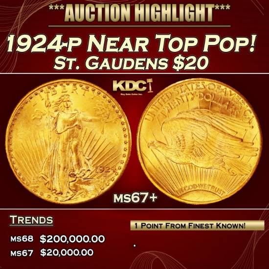 1924-p Gold St. Gaudens Double Eagle Near Top Pop! $20 ms67+ SEGS