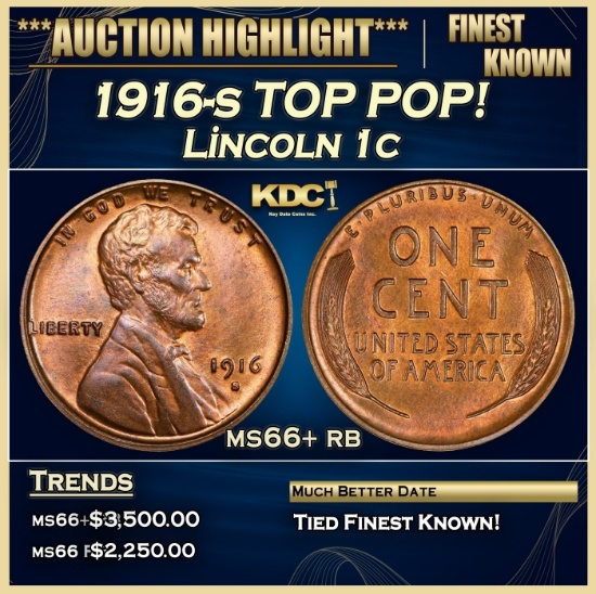 1916-s Lincoln Cent TOP POP! 1c ms66+ rb SEGS