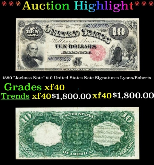 1880 $10 United States Note "Jackass Note" Grades xf Signatures Lyons/Roberts