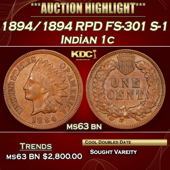 1894/1894 Indian Cent RPD FS-301 S-1 1c ms63 bn USCG