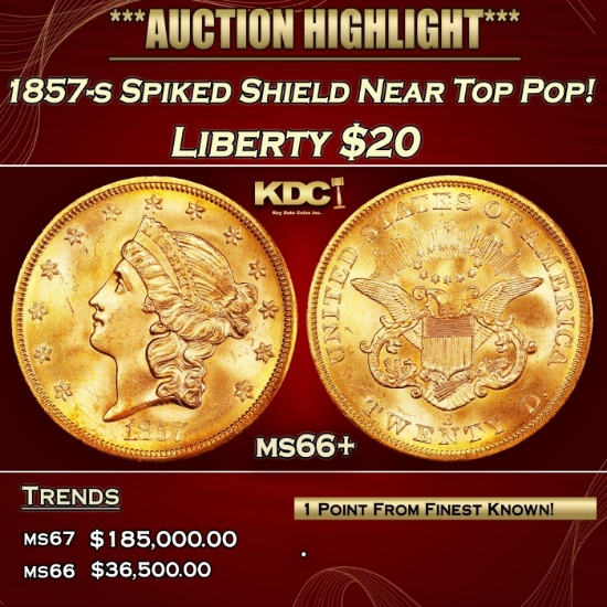 1857-s Gold Liberty Double Eagle Spiked Shield Near Top Pop! $20 ms66+ SEGS