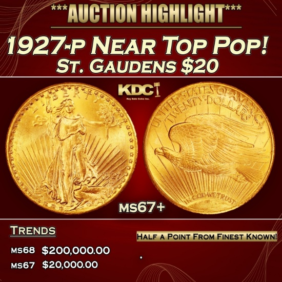 1927-p Gold St. Gaudens Double Eagle Near Top Pop! $20 ms67+ SEGS