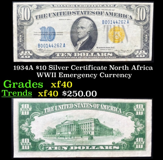 1934A $10 Silver Certificate North Africa WWII Emergency Currency Grades xf