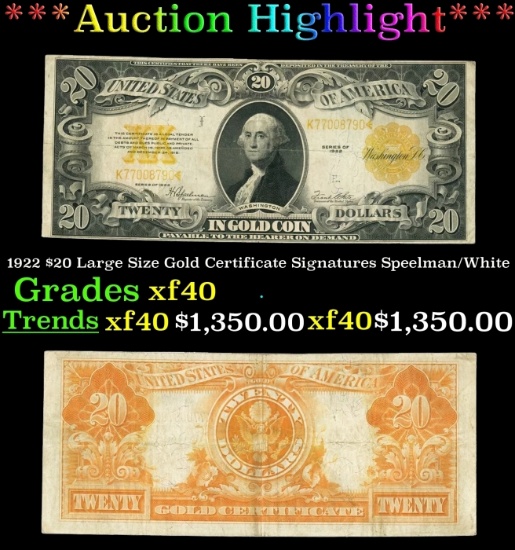 1922 $20 Large Size Gold Certificate Grades xf40 Signatures Speelman/White