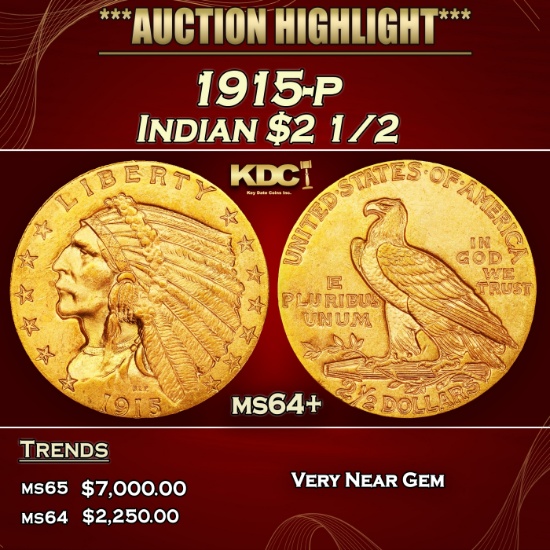 1915-p Gold Indian Quarter Eagle $2 1/2 ms64+ SEGS