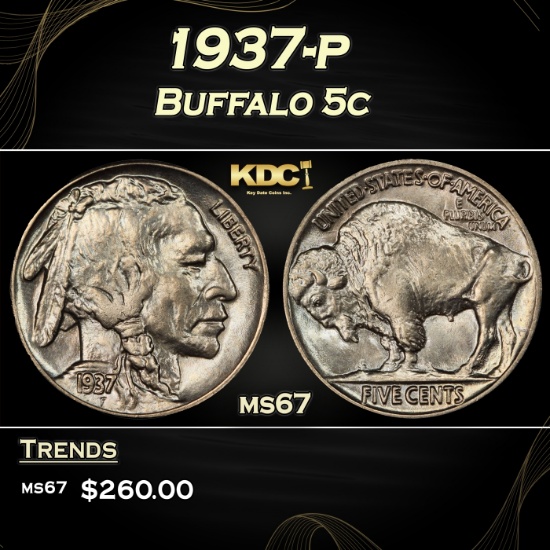 1937-p Buffalo Nickel 5c ms67 SEGS