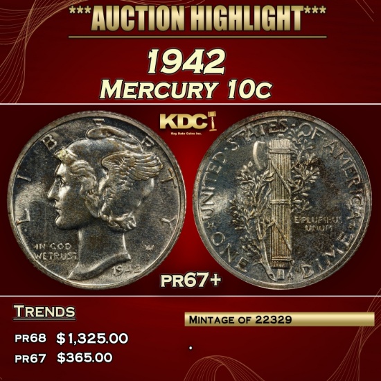 1942 Proof Mercury Dime 10c pr67+ SEGS