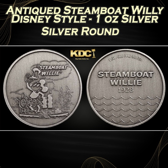 Antiqued Steamboat Willy Disney Style - 1 oz Silver Round Round