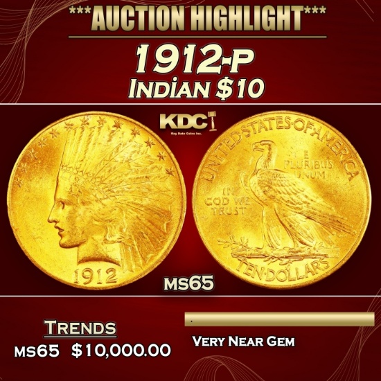 1912-p Gold Indian Eagle $10 ms65 SEGS