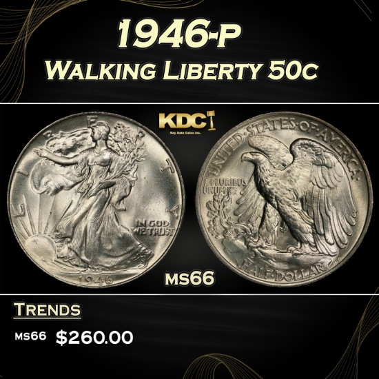 1946-p Walking Liberty Half Dollar 50c Grades ms66
