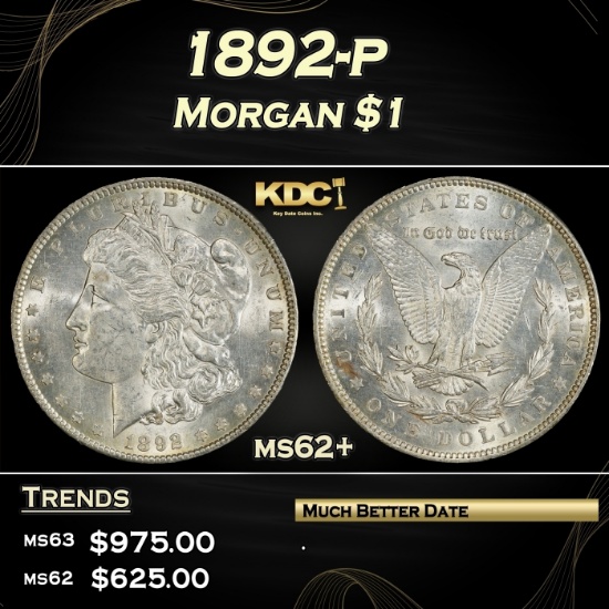 1892-p Morgan Dollar $1 Grades ms62+