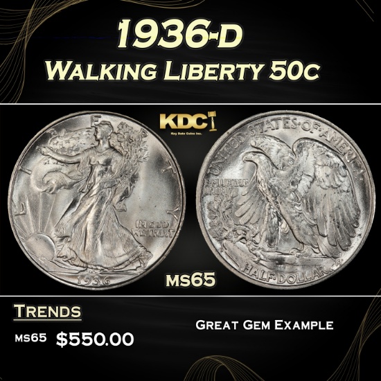 1936-d Walking Liberty Half Dollar 50c Grades ms65