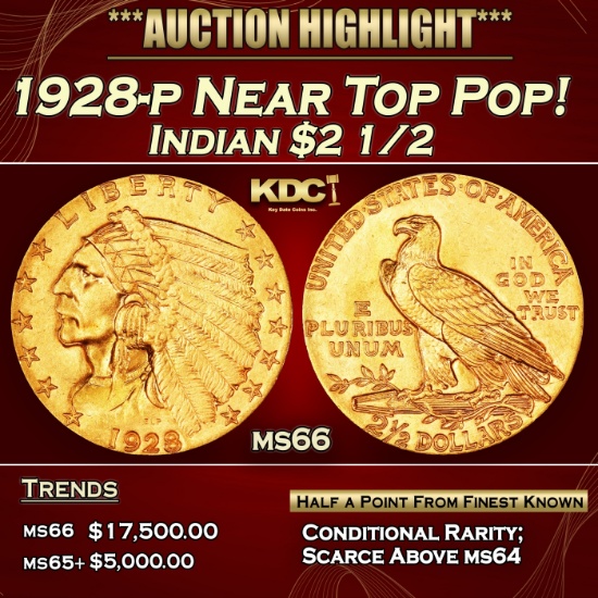 1928-p Gold Indian Quarter Eagle Near Top Pop! $2 1/2 ms66 USCG