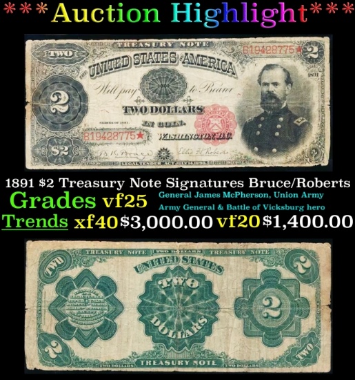 1891 $2 Treasury Note Grades vf+ Signatures Bruce/Roberts