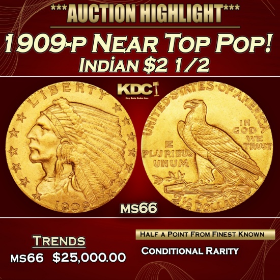 1909-p Gold Indian Quarter Eagle Near Top Pop! $2 1/2 ms66 USCG