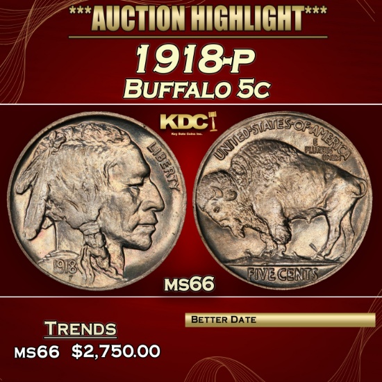 1918-p Buffalo Nickel 5c ms66 SEGS