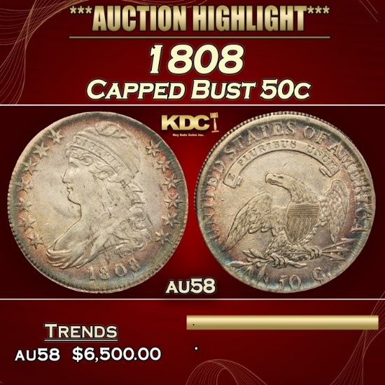 1808 Capped Bust Half Dollar 50c au58 USCG