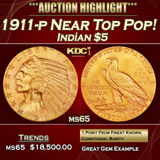 1911-p Gold Indian Half Eagle Near Top Pop! $5 ms65 USCG