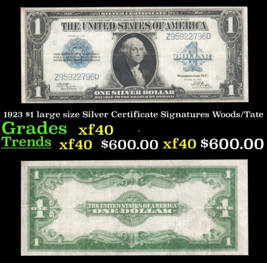 1923 $1 large size Silver Certificate Grades xf40 Signatures Woods/Tate