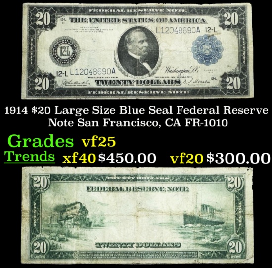 1914 $20 Large Size Blue Seal Federal Resrve Note San Francisco, CA Grades vf+ FR-1010