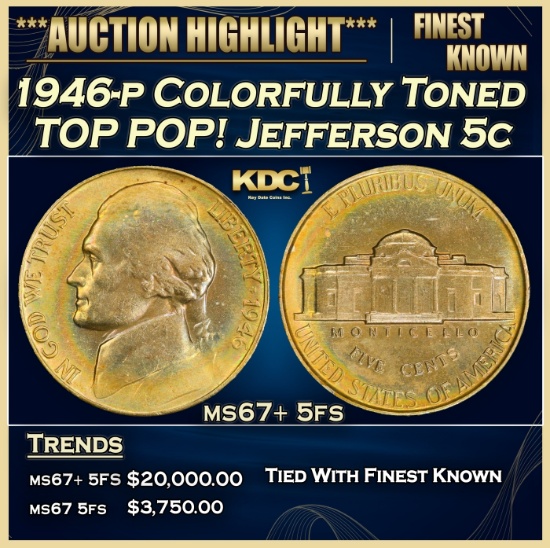 1946-p Jefferson Nickel Colorfully Toned TOP POP! 5c ms67+ 5fs SEGS