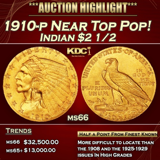 1910-p Gold Indian Quarter Eagle Near Top Pop! $2 1/2 ms66 USCG