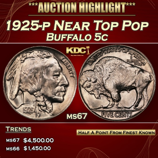 1925-p Buffalo Nickel Near Top Pop 5c ms67 SEGS