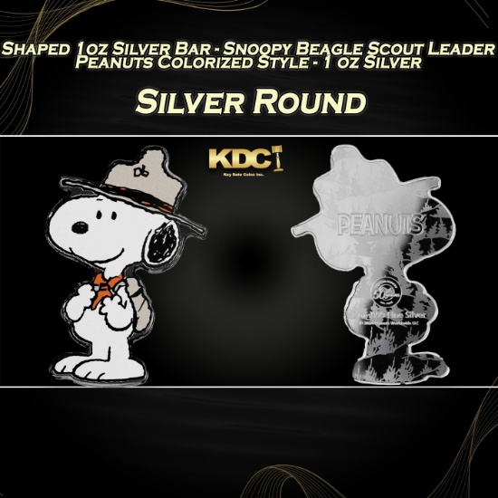 Shaped 1oz Silver Bar - Snoopy Beagle Scout Leader Peanuts Colorized Style - 1 oz Silver Round Round