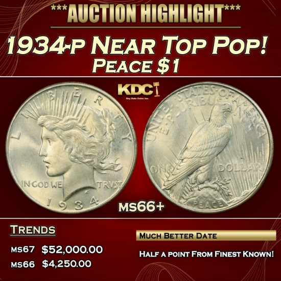 1934-p Peace Dollar Near Top Pop! $1 ms66+ SEGS