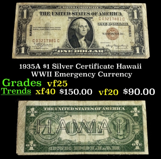 1935A $1 Silver Certificate Hawaii WWII Emergency Currency Grades vf+